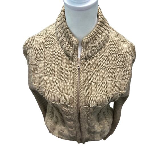 Vintage Unisex Tan Chunky Cable Knit Zip Sweater Jacket Acrylic Medium - Picture 4 of 11